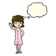 cartoon pretty woman waving with thought bubble N32