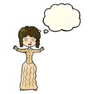 cartoon worried victorian woman with thought bubble N3