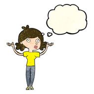 cartoon woman throwing arms in air with thought bubble N4