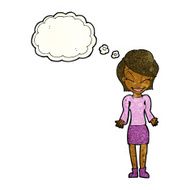 cartoon happy woman shrugging shoulders with thought bubble N7