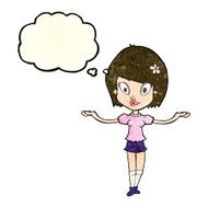 cartoon woman making balancing gesture with thought bubble N4