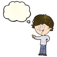 cartoon boy laughing and pointing with thought bubble N4