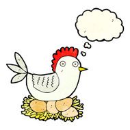 cartoon hen on eggs with thought bubble N3