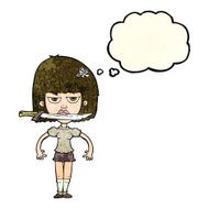 cartoon woman with knife between teeth thought bubble N15