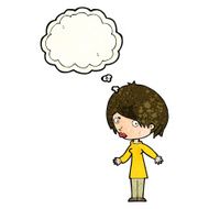cartoon woman shrugging shoulders with thought bubble N171