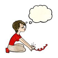 cartoon girl playing computer games with thought bubble N3