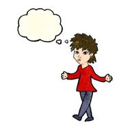 cartoon woman shrugging shoulders with thought bubble N173