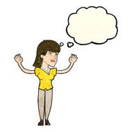 cartoon woman throwing hands in air with thought bubble N4