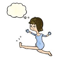 cartoon happy woman kicking with thought bubble N3