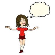 cartoon woman shrugging shoulders with thought bubble N175
