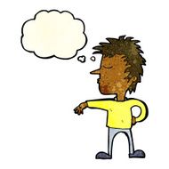 cartoon man making camp gesture with thought bubble N9