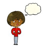cartoon woman making Who Me? gesture with thought bubble N15