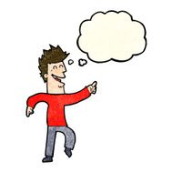 cartoon man pointing and laughing with thought bubble N11