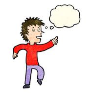 cartoon happy man pointing with thought bubble N21