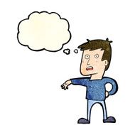 cartoon man making camp gesture with thought bubble N10