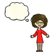 cartoon woman wearing glasses with thought bubble N8