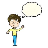 cartoon happy man waving with thought bubble N13