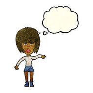 cartoon woman waving away with thought bubble N4