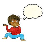 cartoon boy doing crazy dance with thought bubble N4