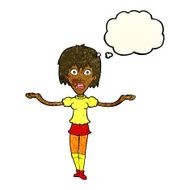 cartoon woman shrugging shoulders with thought bubble N178