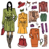 Fashion girl and street clothing set Colored doodle Sketch
