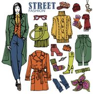 Fashion girl and street clothing set Colored Sketch