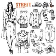 Fashion girl and street clothing set Sketch style Outline