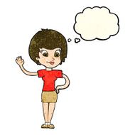 cartoon woman waving with thought bubble N118
