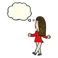 cartoon woman shrugging shoulders with thought bubble N179