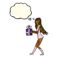 cartoon fashion girl with present thought bubble N3