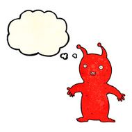 cartoon happy little alien with thought bubble N4