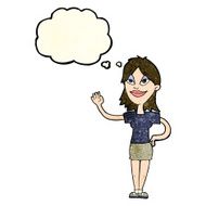 cartoon woman waving with thought bubble N121