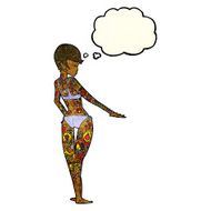 cartoon bikini girl covered in tattoos with thought bubble N4