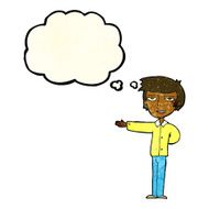 cartoon man gesturing welcome with thought bubble N4