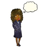 cartoon woman in trench coat with thought bubble N9