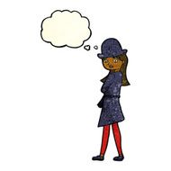 cartoon female spy with thought bubble N10