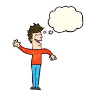 cartoon happy man waving with thought bubble N14