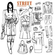 Fashion girl and street clothing set Outline Sketch style