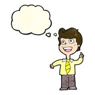 cartoon school boy raising hand with thought bubble N4