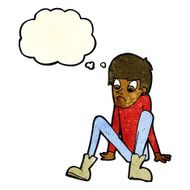 cartoon boy sitting on floor with thought bubble N4