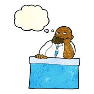 cartoon bored man at desk with thought bubble N4