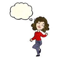 cartoon happy woman dancing with thought bubble N4