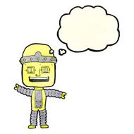 cartoon waving robot with thought bubble N8