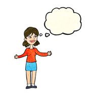 cartoon happy woman shrugging shoulders with thought bubble N8
