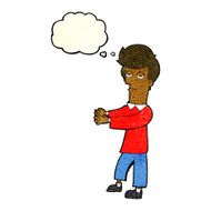 cartoon bored man showing the way with thought bubble N4