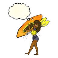 cartoon woman carrying canoe with thought bubble N2