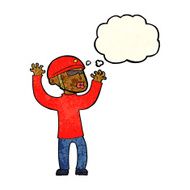 cartoon security man panicking with thought bubble N4