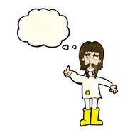 cartoon hippie man giving thumbs up symbol with thought bubble N3