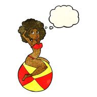 cartoon pin up girl sitting on ball with thought bubble N4