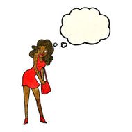 cartoon woman looking in handbag with thought bubble N4